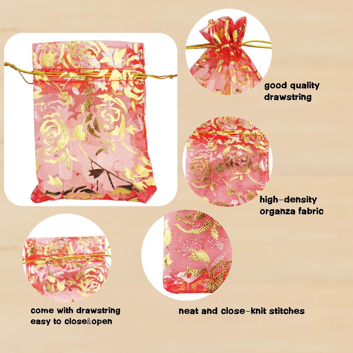 100 Pack 2.8 x 3.5 Inch Flower Heart Organza Jewelry Gift Pouch Candy Pouch Drawstring Wedding Favor Bags B511S (red gold flower)