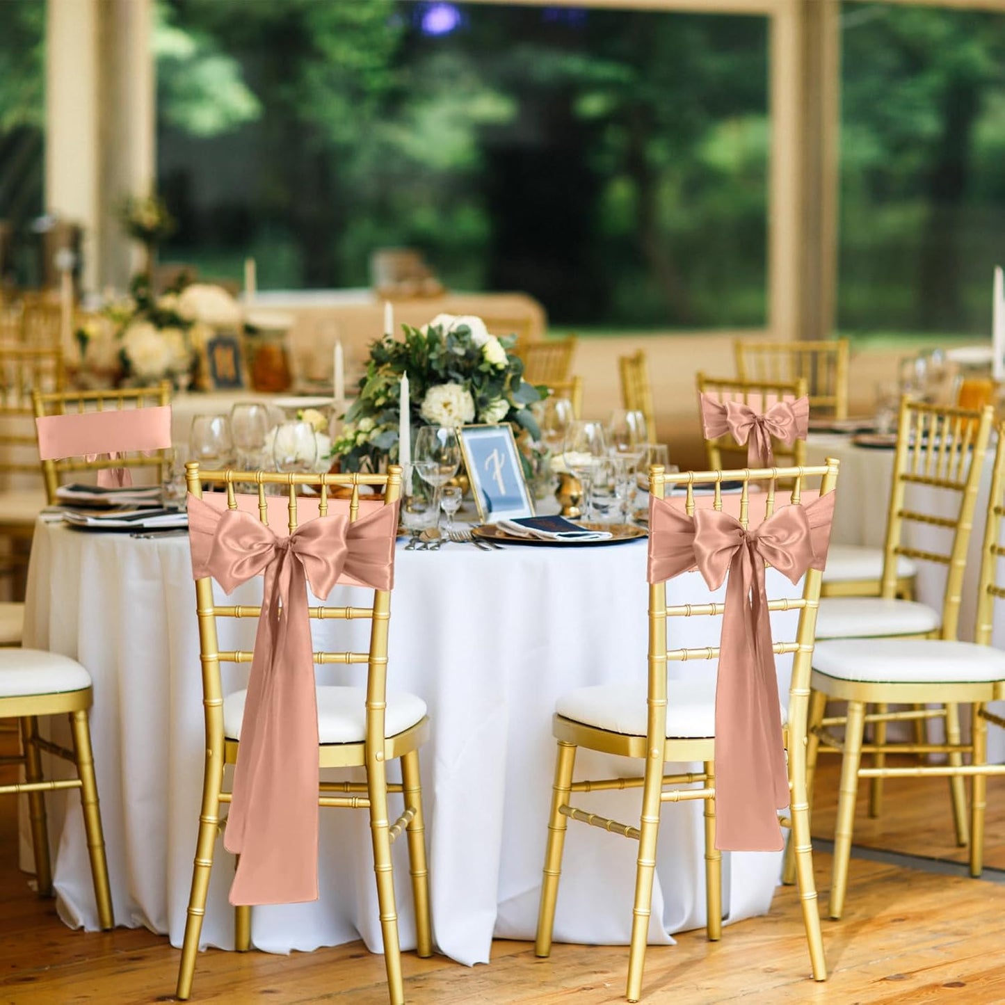 50 PCS Rose Gold Satin Chair Sashes Bows Universal Chair Ribbon Ties Back Sash for Wedding Party Reception Events Banquets Hotel Event Chair Cover Decoration (7x108 inch)