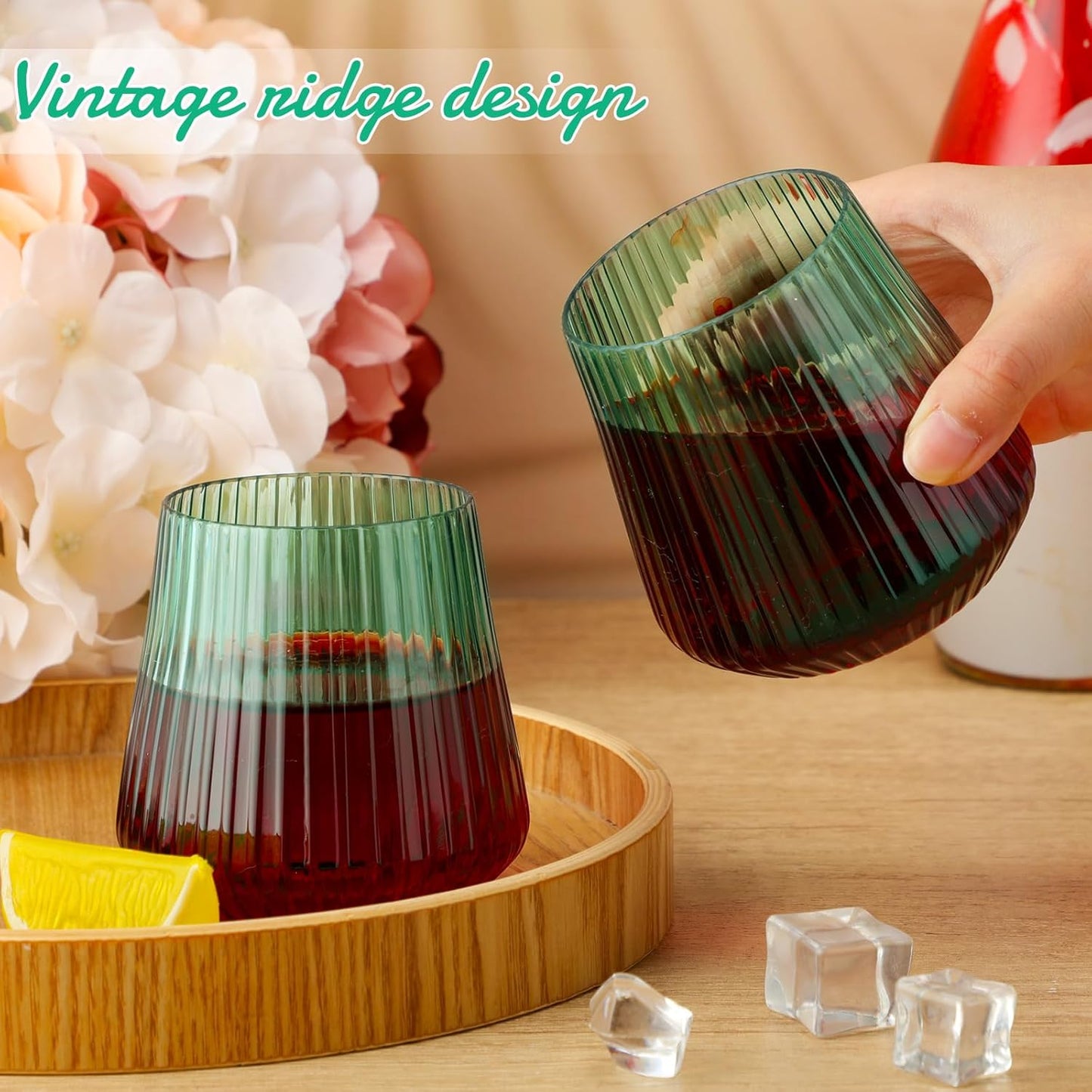 Suclain 50 Pcs Plastic Wine Glasses Ribbed Stemless Wine Glasses 14oz Vertical Design Unbreakable Cups for Outdoor Indoor Vintage Elegant Champagne Whiskey Cups for Party Wedding (Green)