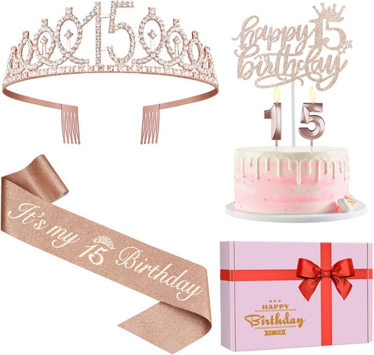15th Birthday Decorations for Girls, Including Sash, Crown/Tiara, Candles, Cake Toppers. 15th Birthday Gifts for Girls