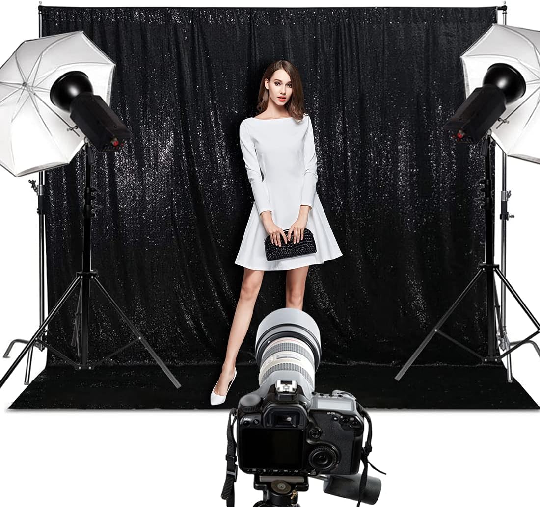 Poise3EHome 6Ft x 8Ft Black Sequin Backdrop, Glitter Thick Satin Background Drapes, Sparkly Opaque Photography Curtain, Sequence Xmas Thanksgiving Backdrop for Wedding Party Holiday Festival Decor