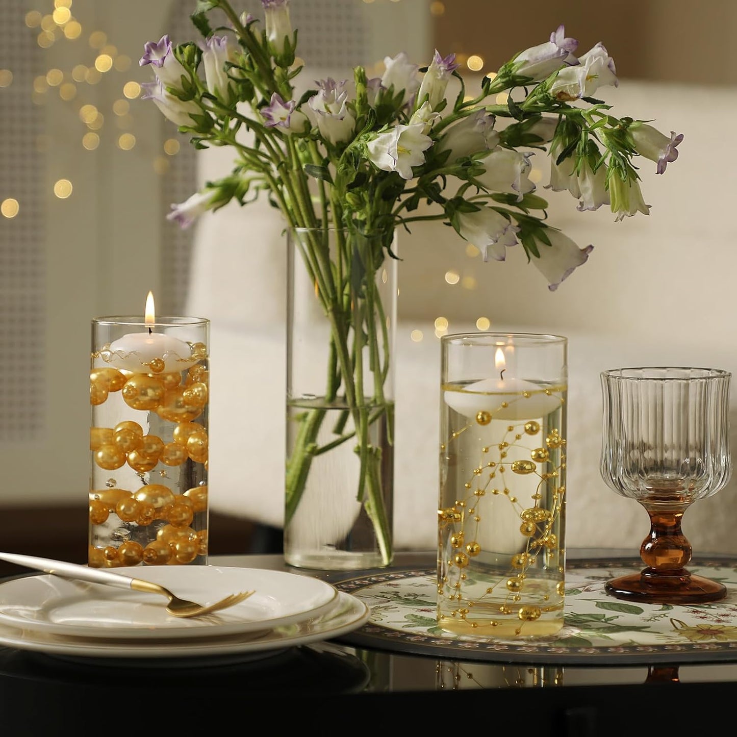 Set of 12 Glass Cylinder Vases for Centerpieces with 8 Pack Vase filler 12 Pearl String 24 White Floating Candles for Centerpieces, Table Center pieces for Wedding Party Home Decor 5, 6, 8 Inch