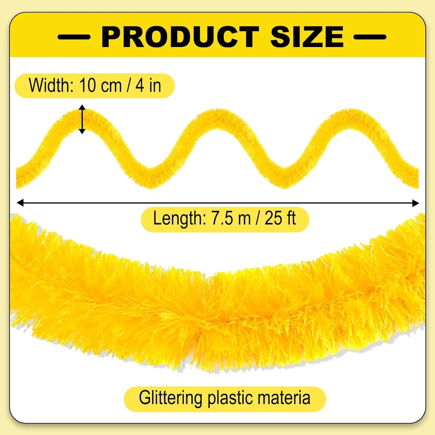 25 Feet Metallic Twist Tinsel Garland Backdrop for Parade Floats, Christmas Eve, New Year, Valentine's Day Party Decorations (Macaron Yellow, 4in x 25ft)