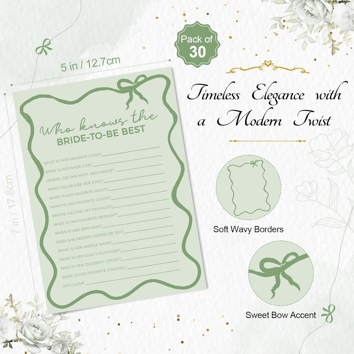 DEEKA 30 PCS Bridal Shower Games Card for 30 Guests Sage Green Wavy Border Ribbon Bow Funny Wedding Bachelorette Party Games for Reception (Who Knows The Bride-to-be Best)