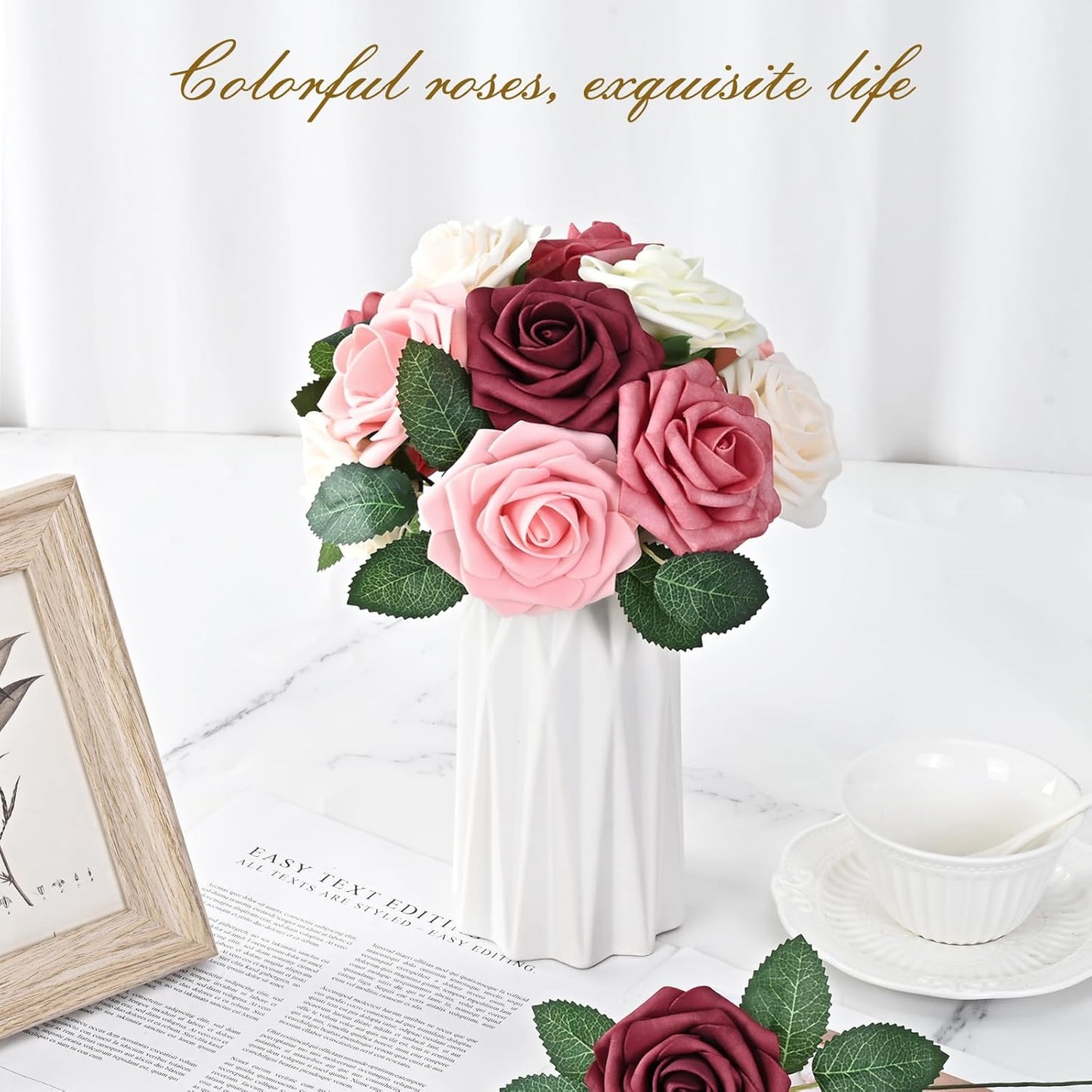 BLEUM CADE 16Pcs Artificial Flowers Fake Roses with Stems, Gradient Burgundy Boxed Foam Roses for DIY Bouquets Centerpieces Wedding Party Arrangement Bridal Shower Decor