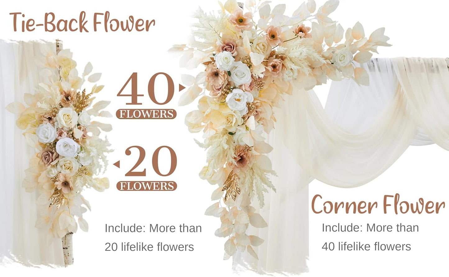 Wedding Arch Flowers with Drapes Kit (Pack of 4) - 2pcs Artificial Beige Deluxe Swag with 2pcs Sheer Drapes for Wedding Ceremony Arbor Reception Backdrop Rose Floral Decoration