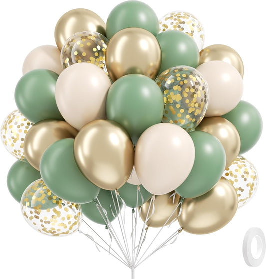 Sage green Balloons, 60pcs 12inch Sage green Sand White Metallic Gold Confetti Balloons for Boho Birthday Wedding Bridal Baby Shower Engagement Party Decorations