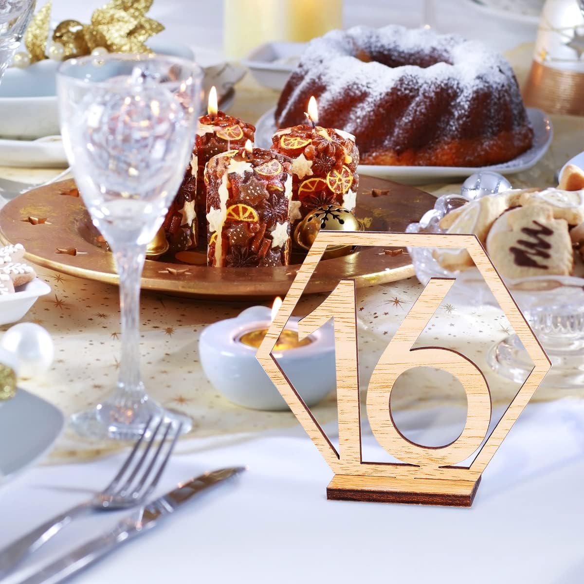 Wooden Table Numbers, Hexagon Shape 1-20 Wedding Table Numbers with Holder Base Rustic Hollow Out Wood Table Numbers Card for Wedding Party Event Catering Decoration (Hexagon)
