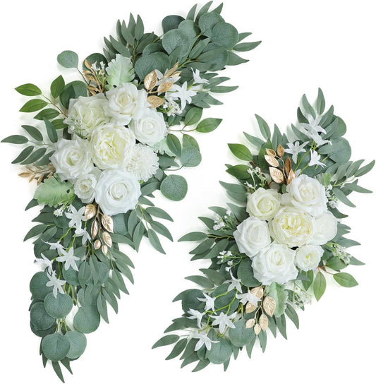 Artificial White Wedding Arch Flower Swags Set of 2 for Welcome Signs, Reception and Ceremony Decorations - Gold Floral Decor