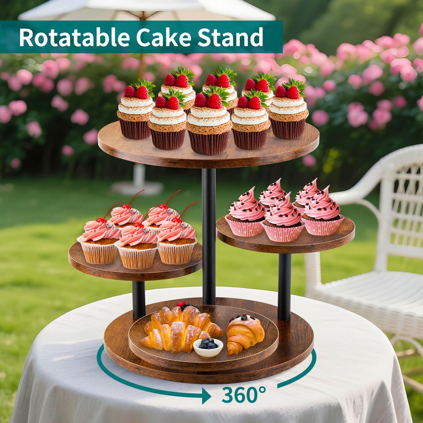 Rustic 4-Tier Rotating Wooden Cupcake Tower Stand for 50-60 Cupcakes, Elegant Dessert Display Tray for Parties, Weddings, and Celebrations
