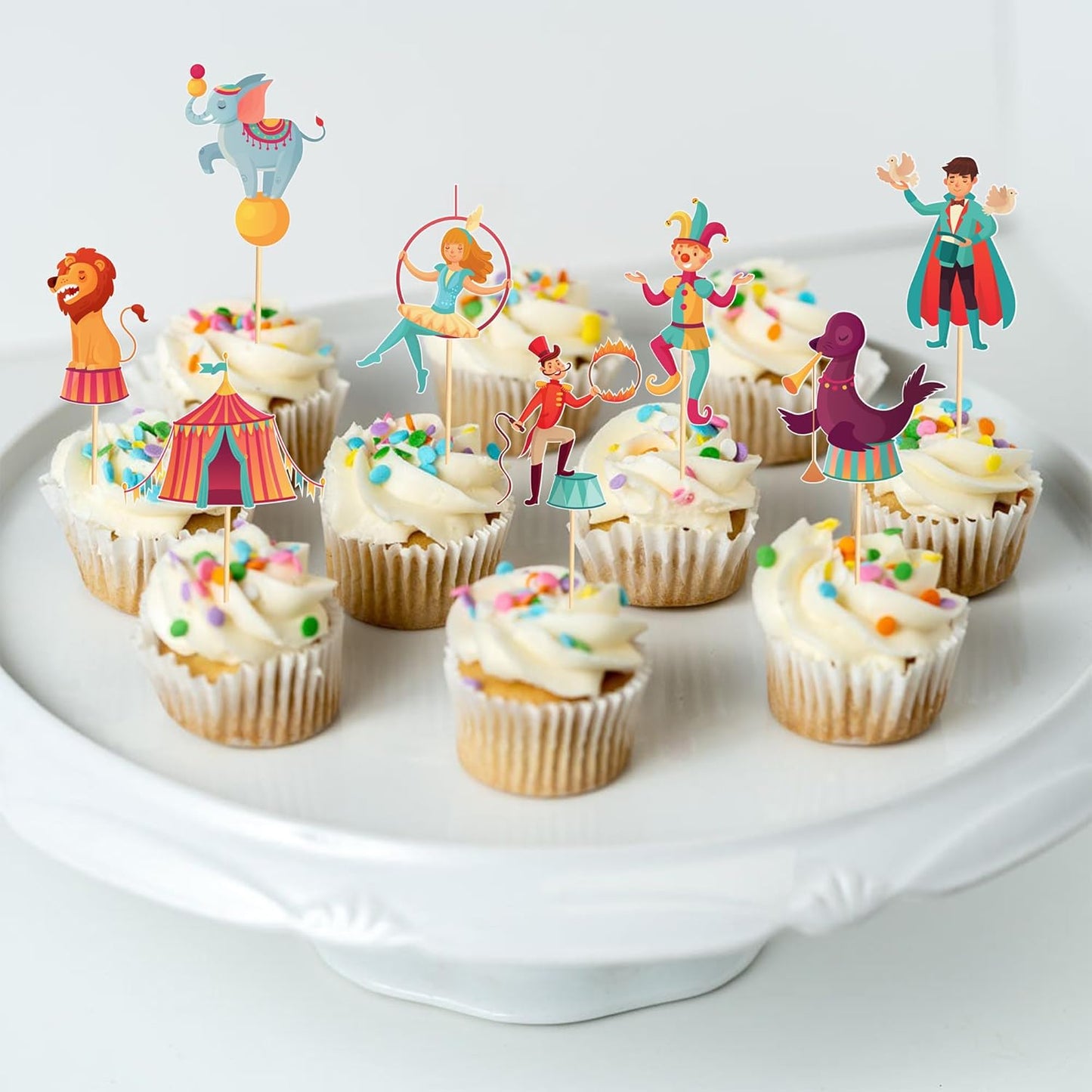 24pcs Circus Cupcake Toppers Carnival & Circus Party Decorations - Perfect for Cupcake, Cake & Baby Shower Birthday Party Supplies
