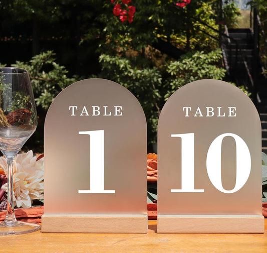 Wedding Table Numbers 1-10, Acrylic Arch Signs with Natural Wood Stands Holders, Rustic Table Decor for Reception & Parties (Frosted White)