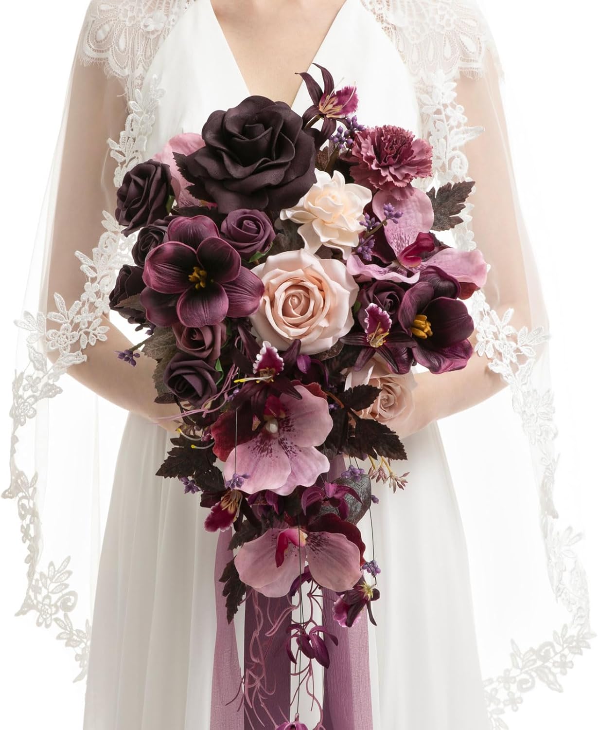 Ling's moment Purple Bridal Bouquet Cascading, Plum Wedding Bouquets for Bride, 13 Inch Bride Bouquets for Wedding Artificial Flowers Bouquets