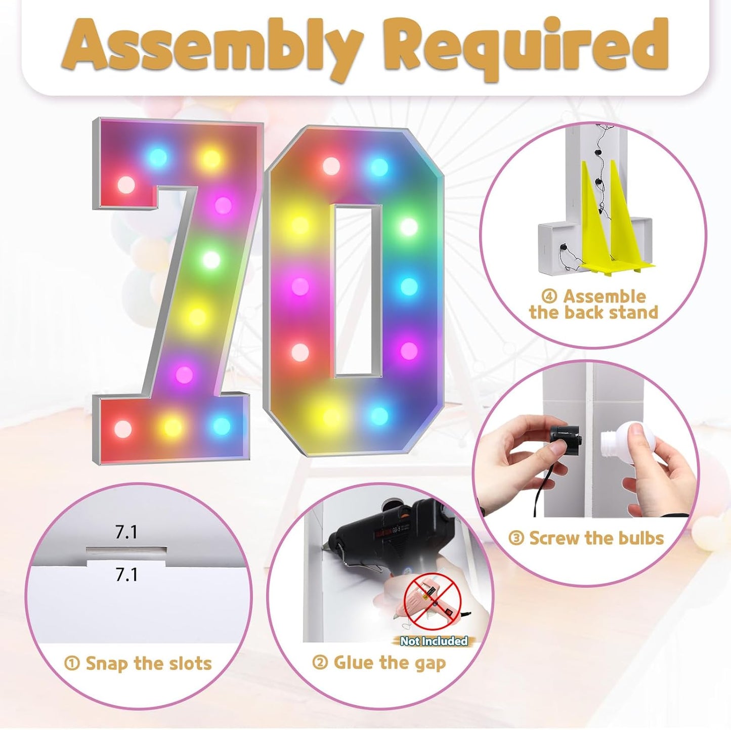 Marquee Numbers 70th-Birthday Decoration: Colorful 4FT Large Light Up 70 Year Old Birthday Decorations Anniversary Backdrop for Boys Girls Cardboard Sign 18 Colors Number 70 Mosaic Balloon Frame