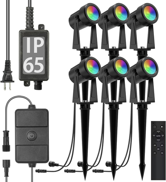 SUNTHIN Outdoor Landscape Lighting with Remote, RGBW Color Changing Spot Uplights, 6 Pack