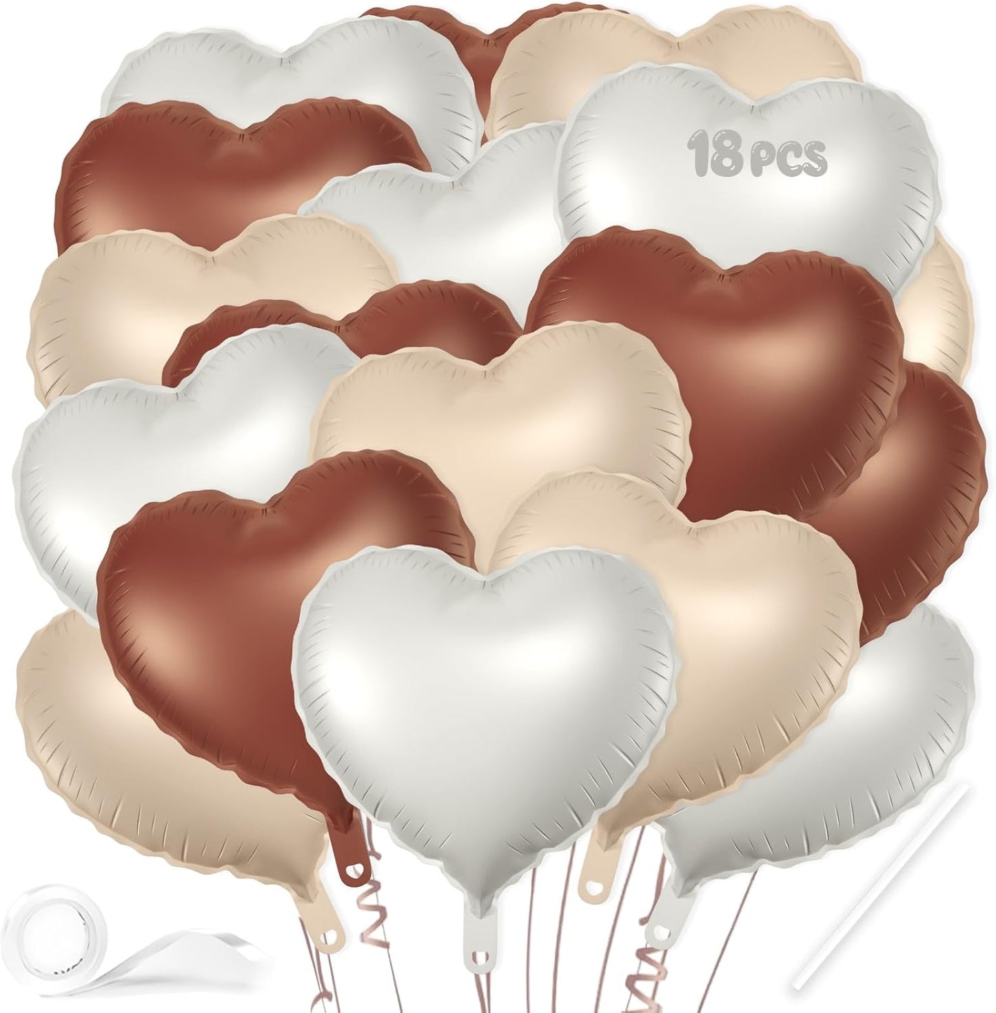 18 Pcs Heart Balloons, 18 Inch Brown Beige White Sand Heart Shaped Foil Balloons for Wedding Anniversary Birthday Party Valentine Decorations Baby Shower Bridal Shower Engagement Decorations Supplies