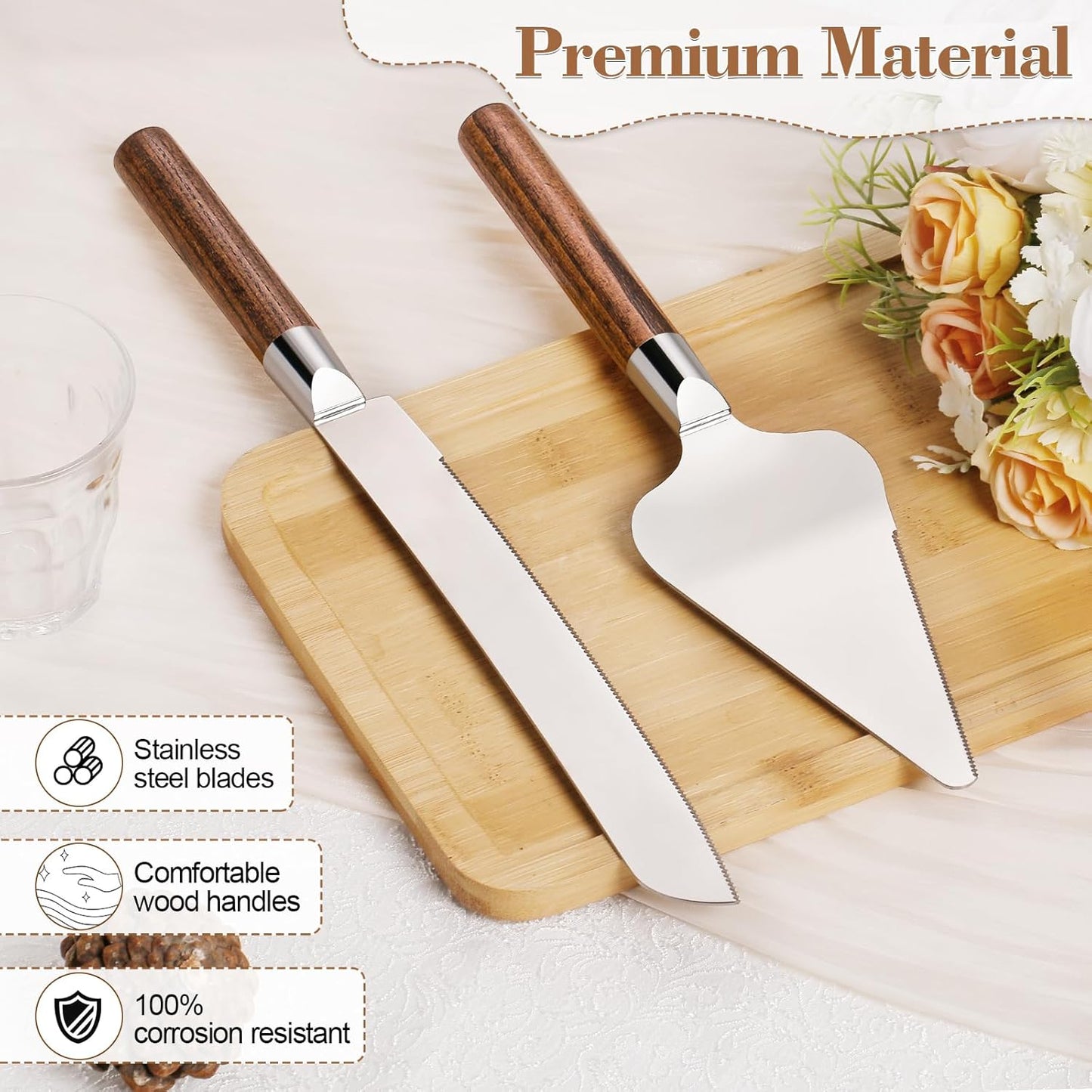 Cake Cutting Set for Wedding, Wood Cake Knife and Server Set, Vintage Pie Cake Cutter, Silver Pizza Dessert Utensils Bridal Anniversary Birthday Quinceañera Gift (Original Wood)