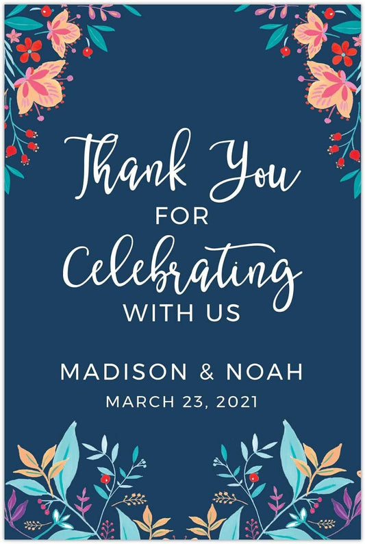 Andaz Press Personalized Extra Large Wedding Easel Board Party Sign, 12x18-inch, Vintage Bohemian Flowers on Navy Blue, Thank You for Celebrating With Us Bride Groom Name Date, 1-Pack, Custom