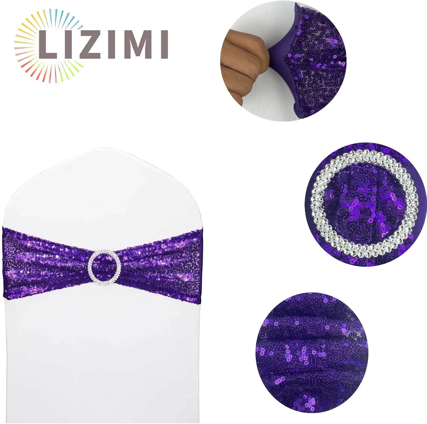Chair Sashes Sequin Stretch Chair Bands Spandex Polyester Bows for Party Hotel Wedding Banquets Decoration - 6 Pcs Purple