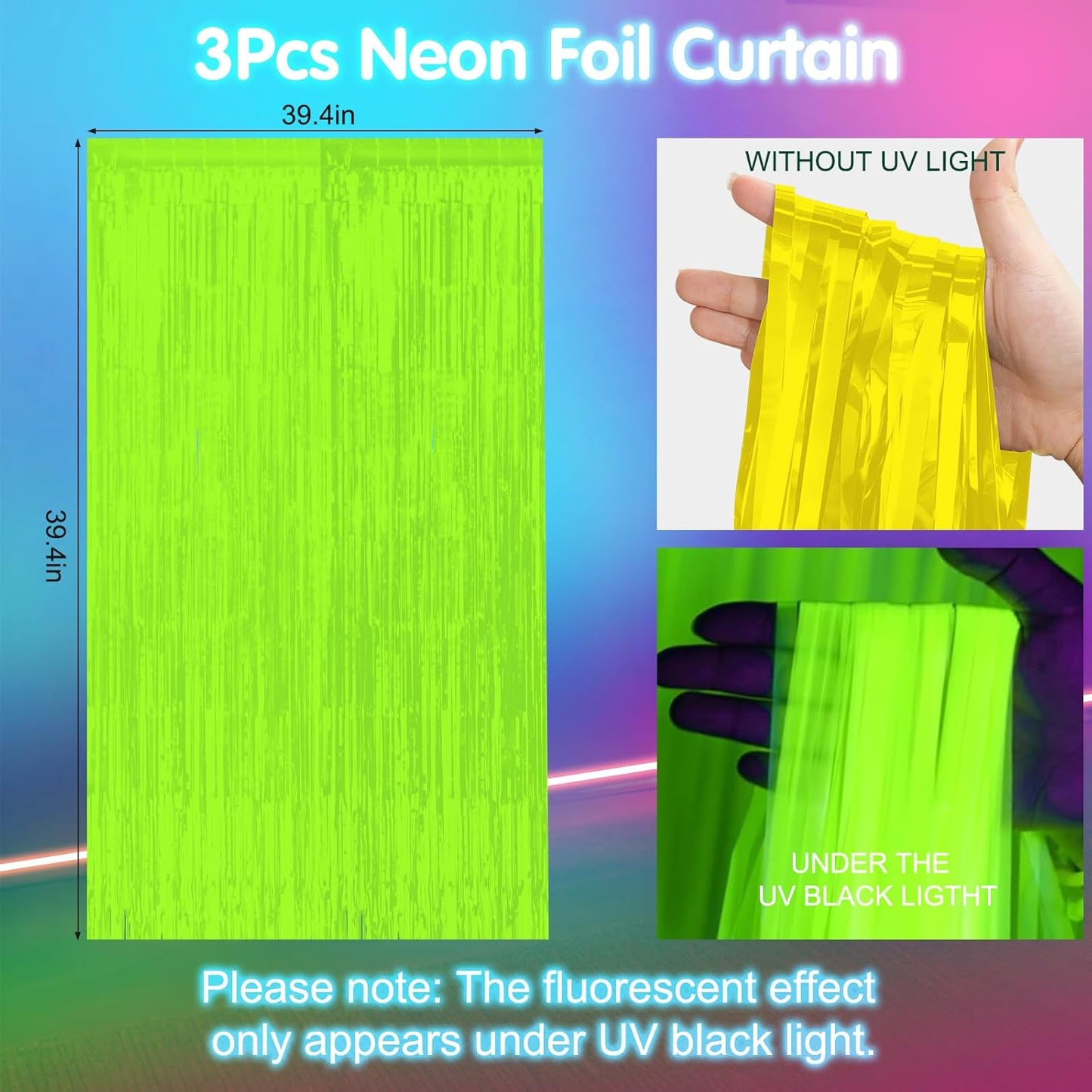 3 Pack 3.3Ft x 6.6Ft Yellow Glow in The Dark Foil Fringe Curtain Backdrop Party Supplies, Fluorescent Macaron Metallic Tinsel Foil Streamers Curtain Photo Booth for Neon Birthday Party Decorations