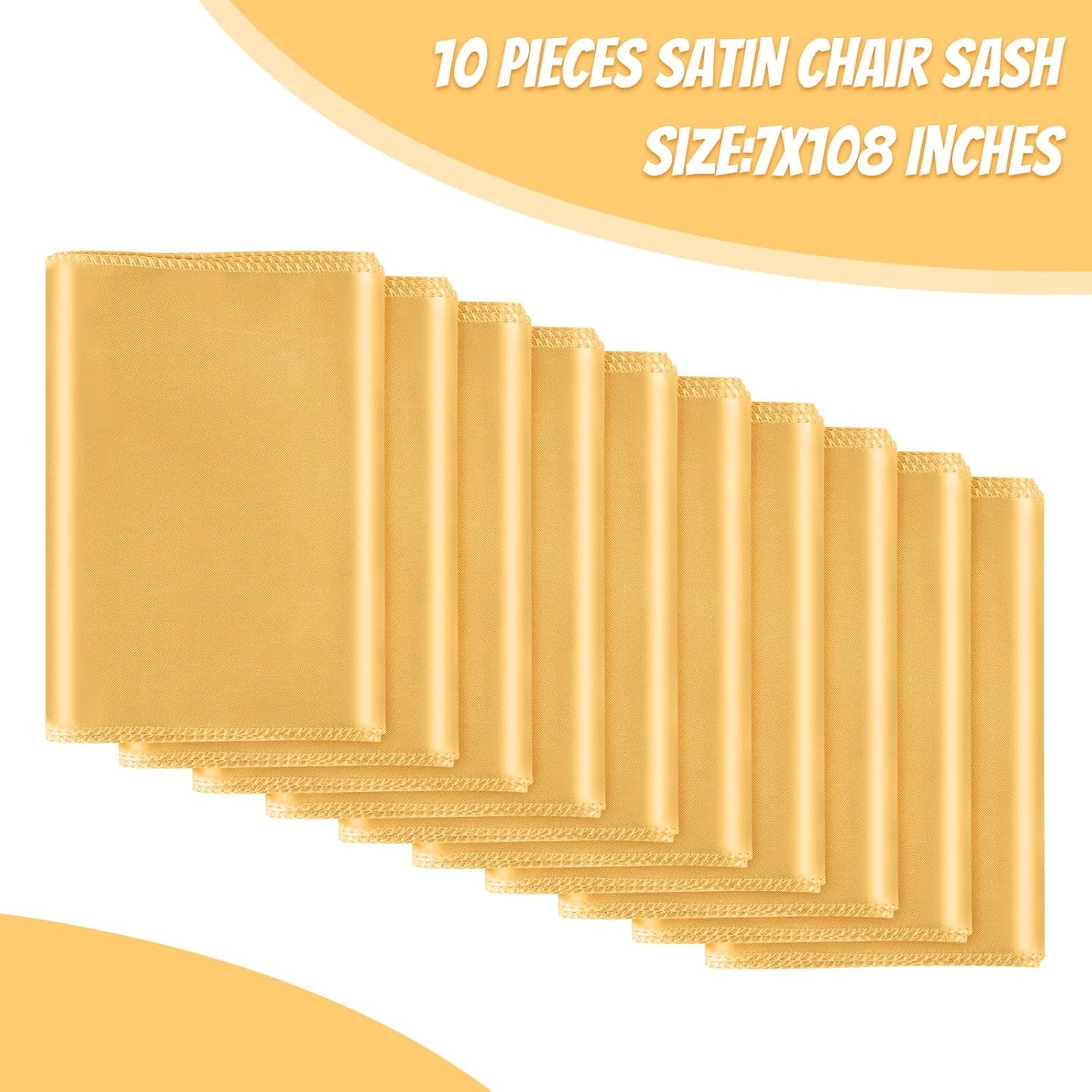 10 PCS Gold Satin Chair Sashes Bows Universal Chair Ribbon Ties Back Sash for Wedding Party Reception Events Banquets Hotel Event Chair Cover Decoration (7x108 inch)