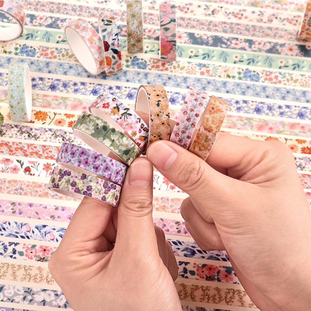 60 Rolls Flowers Theme Washi Tape Set with Different Colorful Patterns, Writable Decorative Tapes for Scrapbooking, Bible Journaling, Bullet Journaling, 0.39'' x 79'' per Roll