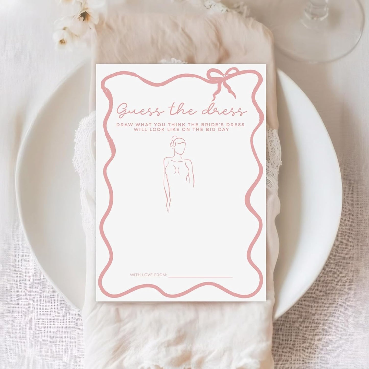 DEEKA 30 PCS Bridal Shower Games Card for 30 Guests White Pink Wavy Border Ribbon Bow Funny Wedding Bachelorette Party Games for Reception (Guess The Dress)