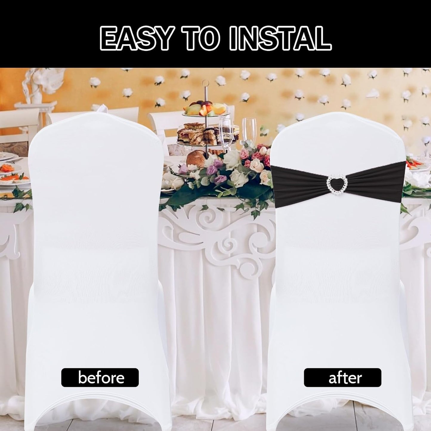 Howhic Pack of 30 Spandex Chair Sashes Bows Stretch Chair Cover Band with Buckle Slider Universal Elastic Chair Ties for Wedding Banquet Party Event Decoration (Black)