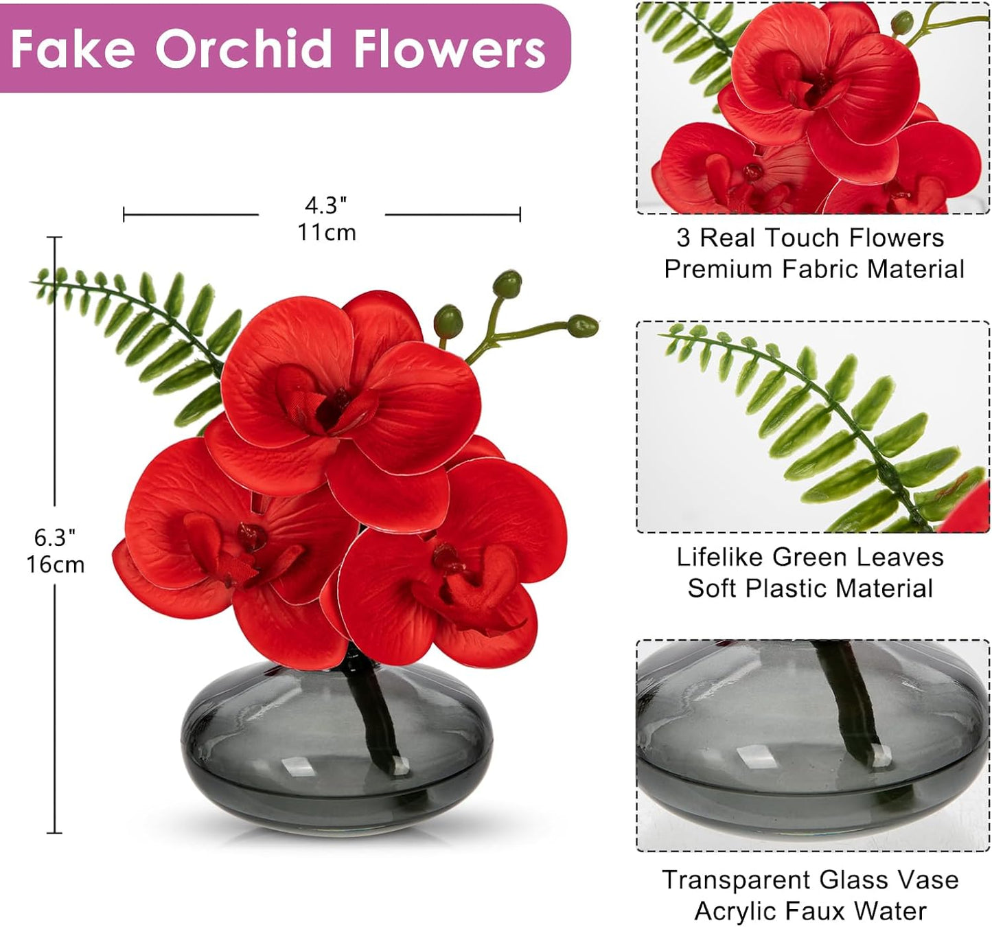 Red Orchids Artificial Flowers Faux Orchids Arrangement in Black Glass Vases Set of 3 Real Touch Phalaenopsis Orchid Flowers Small Fake Orchid Centerpiece for Dining Room Table