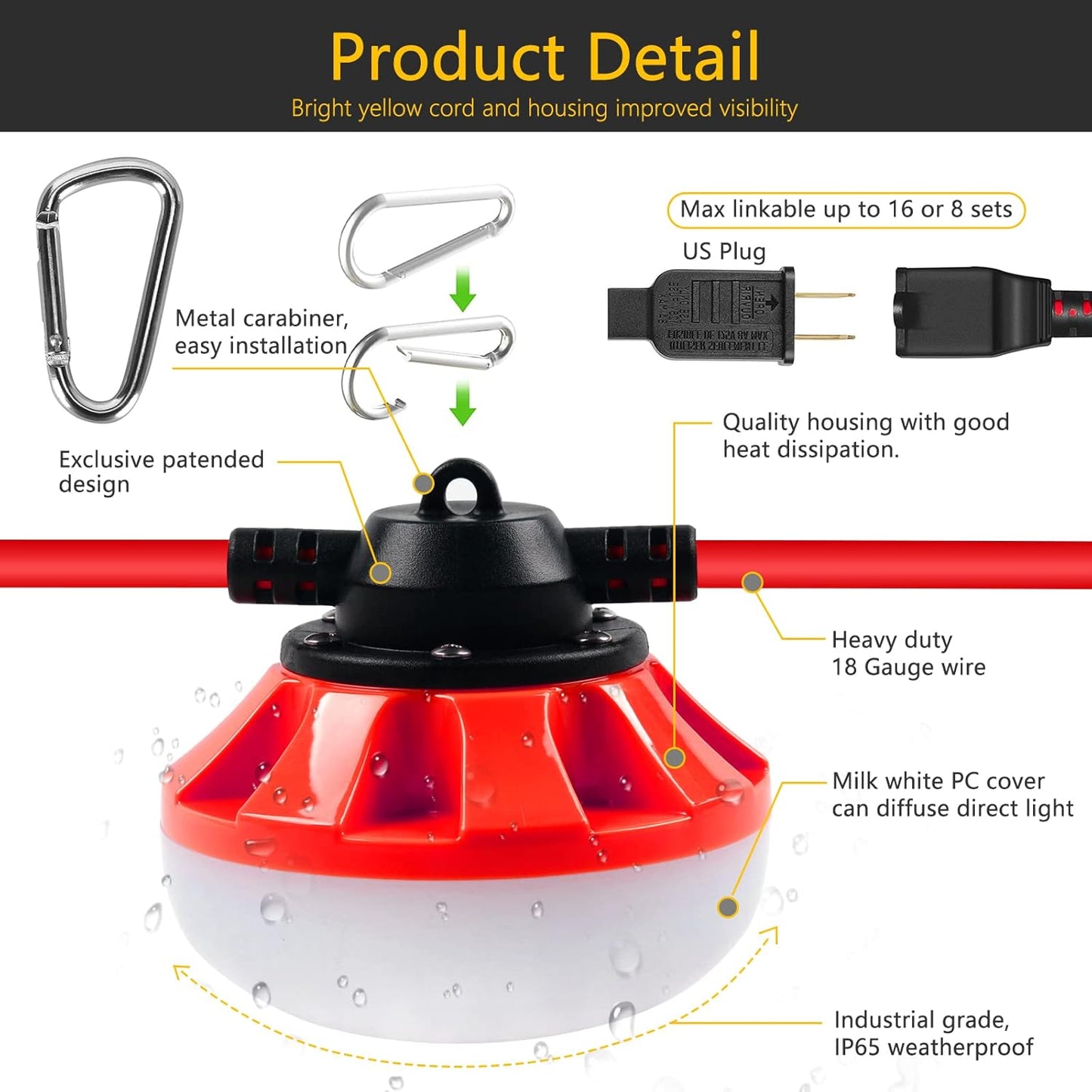 100FT LED Construction String Lights 10 Bulbs,10000LM,Industrial Grade,Weatherproof, Linkable 5000K Super Bright for Job Sites, Mining, Patios & Outdoor Work,Free for Climbing Hook 2Prong