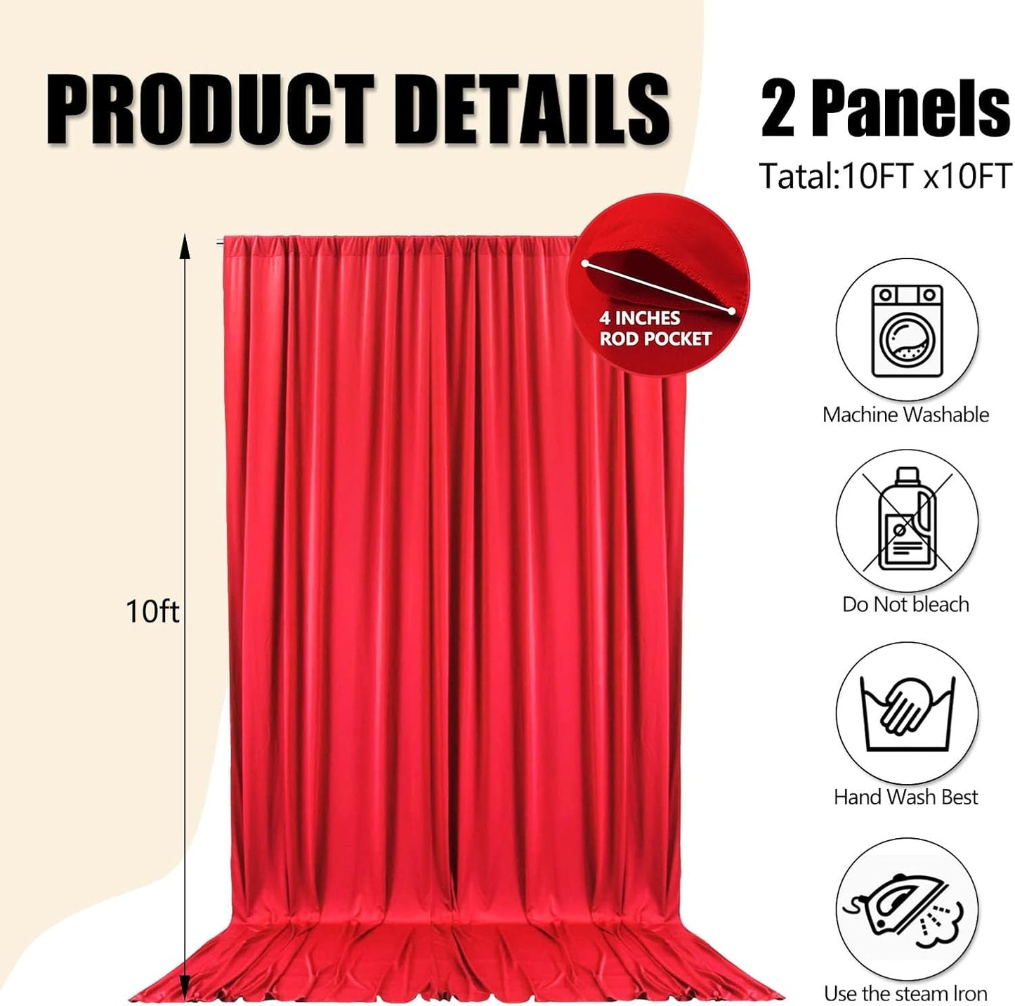10ft x 10ft Red Backdrop Curtains for Parties, Fabric Satin Background Curtain with Rod Pockets for Weddings, Birthday, Baby Shower, Photography, Graduation Party Backdrop Drapes, 2 Panels