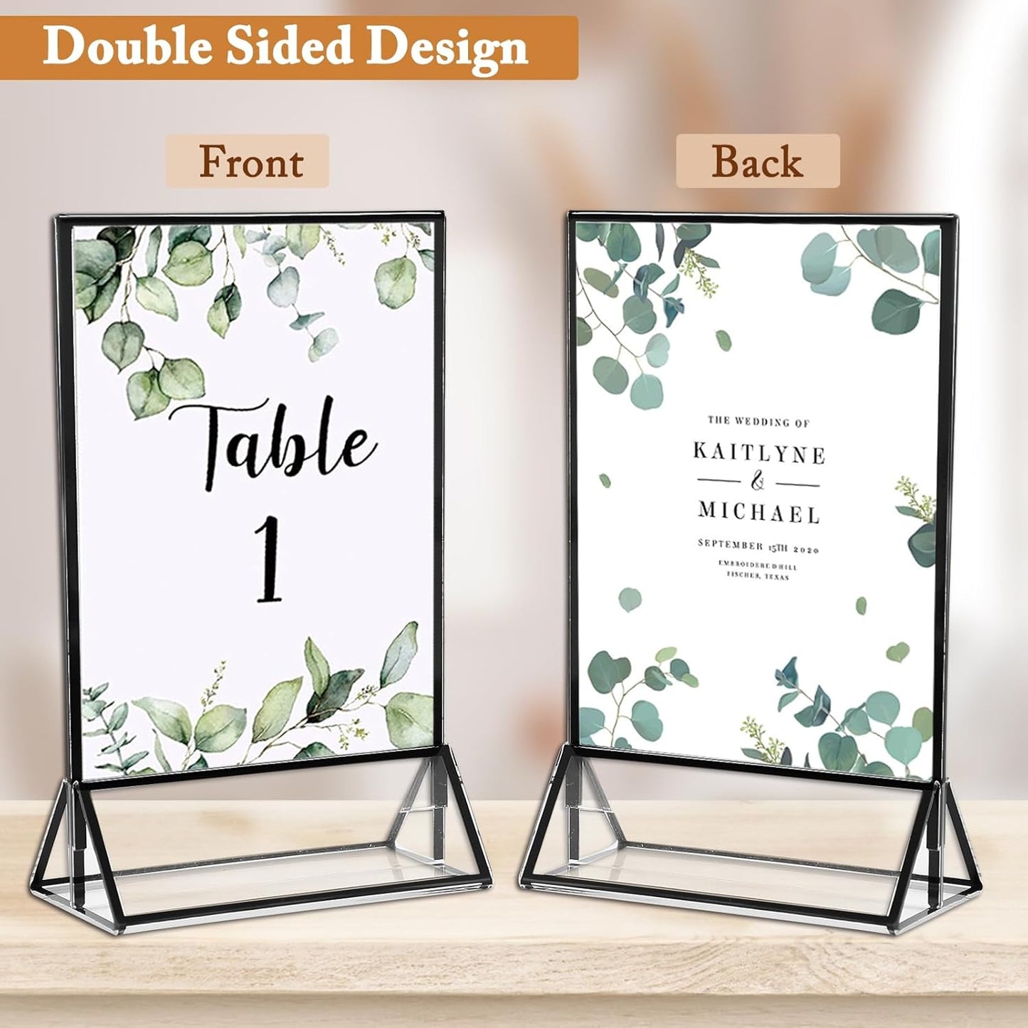 Floroom 6 Pack 5x7 Inch Clear Acrylic Sign Holders, Double-Sided Black Display Stand Picture Frames for Table Numbers, Menus, Flyers, Weddings, and Offices