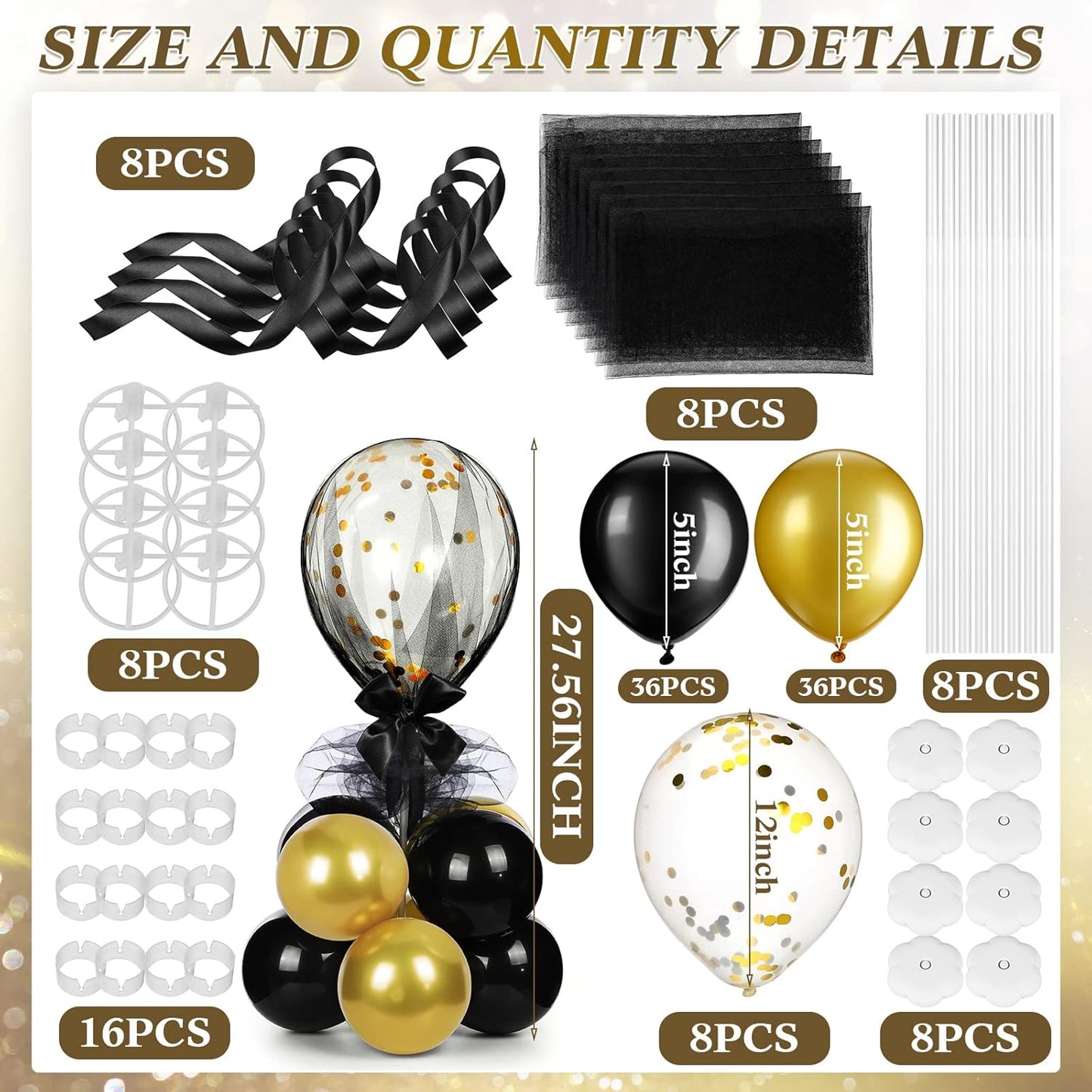 BBTO 8 Set Table Centerpieces Balloons Stand Kit, 80 Pcs Latex Balloons and Table Stand Holder with Base Tulle for Wedding Birthday Baby Shower Party(Black, Gold)