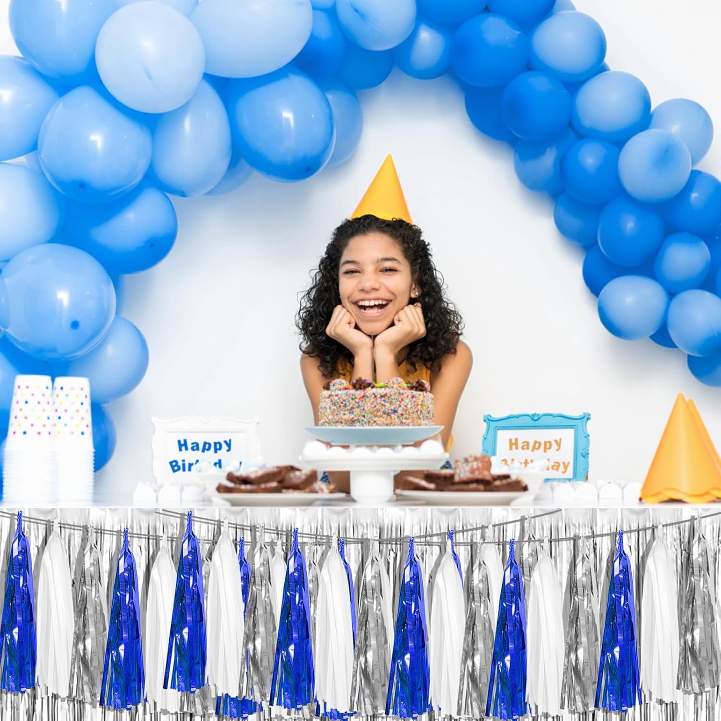 8P Navy-Blue White-Silver Tassel Garland Banner, Tassels Banner Streamers for Parade Floats, Bachelorette, Wedding, Birthday, Halloween, Christmas, Bridal/Baby Shower Gratulations Party Decorations