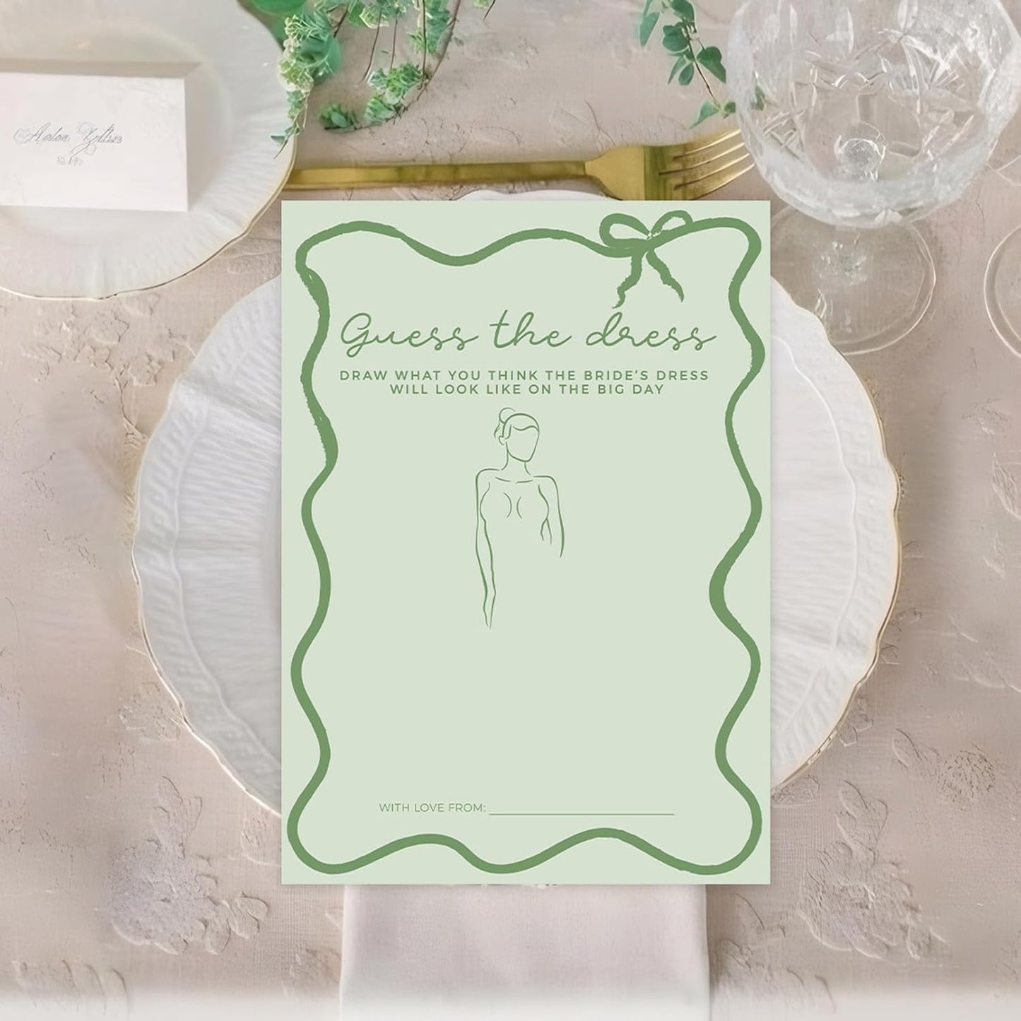 DEEKA 30 PCS Bridal Shower Games Card for 30 Guests Sage Green Wavy Border Ribbon Bow Funny Wedding Bachelorette Party Games for Reception (Guess The Dress)
