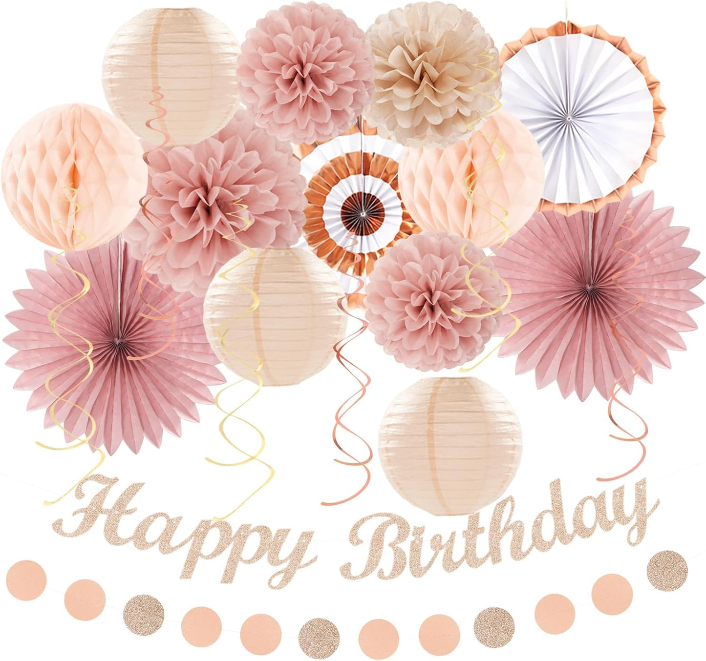 Blush-Pink Rose-Gold Fall Birthday Party-Decorations - 21pcs Boho Happy Banner Sign,Women Paper Lanterns Honeycomb,One Sweet Peach Streamers Garland,Girl Tissue Pom Poms Flowers Fans Decor Burgleda