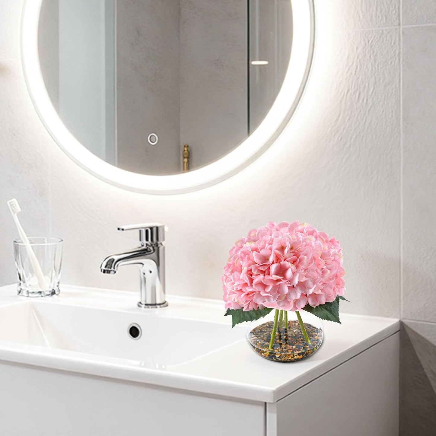 N&T NIETING Artificial Hydrangea Flowers with Vase Pink Silk Fake Flowers Faux Hydrangea Flowers with Faux Water Riverstones for Home Office Table Room Wedding Centerpiece Decorations