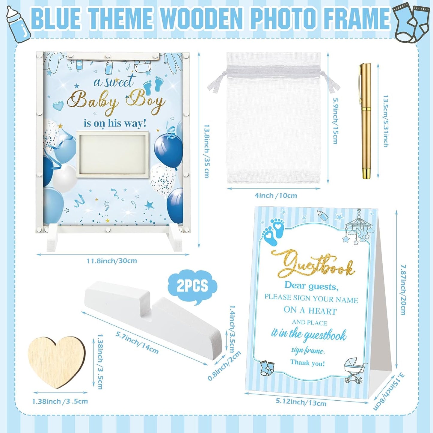 65 Pcs Blue Baby Shower Guest Book Alternatives He or She Gender Reveal Baby Shower Decorations Sign in Guest Book with Picture Frame and 60 Wooden Chip
