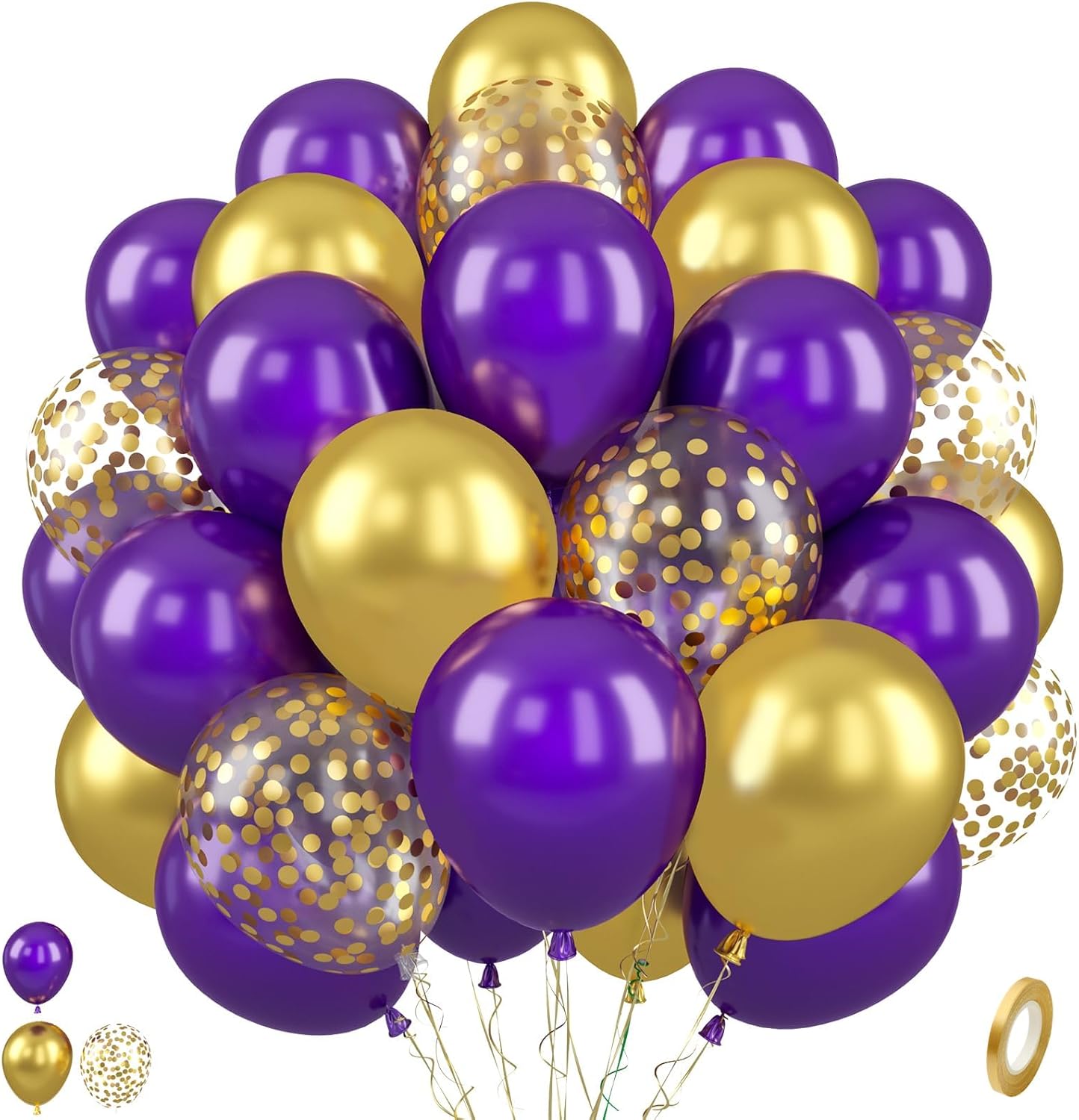 Paready Purple and Gold Balloons, 50 Pcs Dark Purple Party Balloons, 12 Inch Retro Purple Metallic Gold Confetti Balloons Helium for Graduation Wedding Bridal Baby Shower Birthday Party Decorations