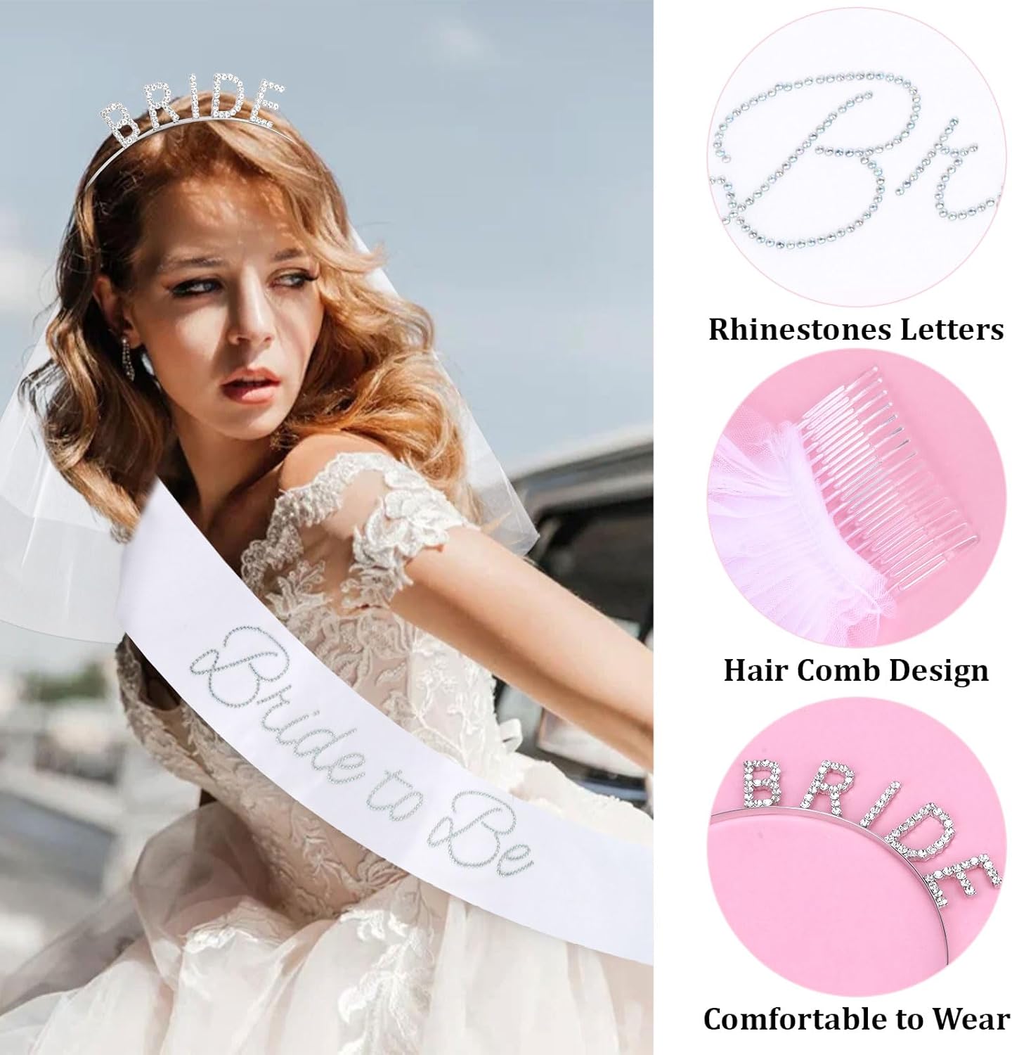 Rhinestone Bride Headband + Bride to Be Sash + Wedding Veil, Bridal Shower Gifts for Bachelorette Party Decorations, Bridal Shower, Engagement Party Decorations