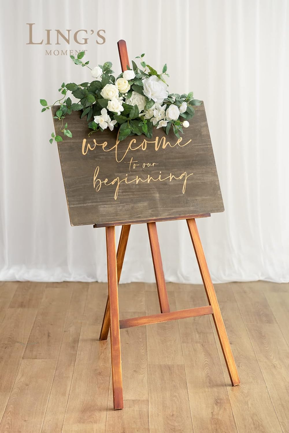 Ling's Moment Wedding Floral Swag Welcome Sign Artificial Flowers Backdrop Garland White Sage Green for Ceremony Reception Door Wall Easel Home Decorations Entryway Faux Outdoor Board Head Table Decor