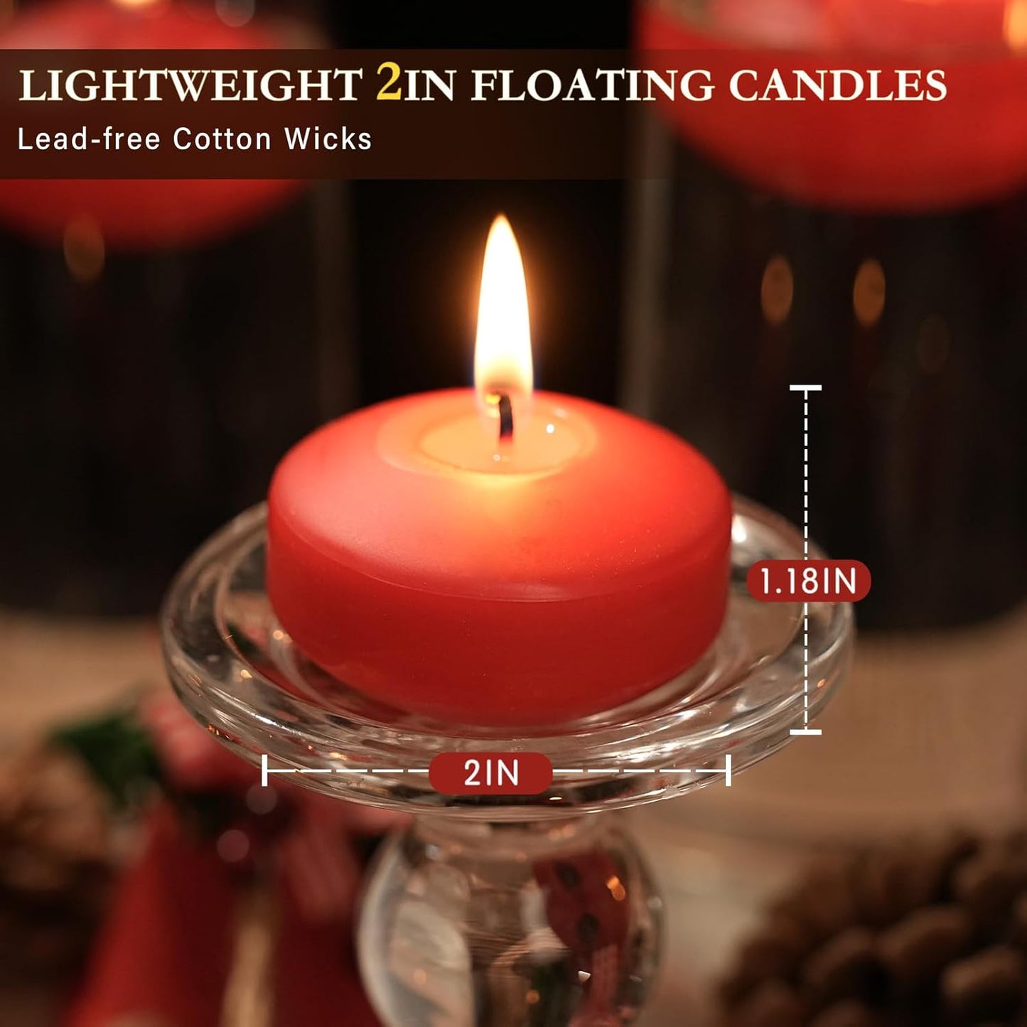 2 inch Red Floating Candles, 36 Pack Unscented Floating Candles for Centerpieces,5-6 Hours Water Activated Candle Bulk for Cylinder Vases Wedding Pool Bathtub