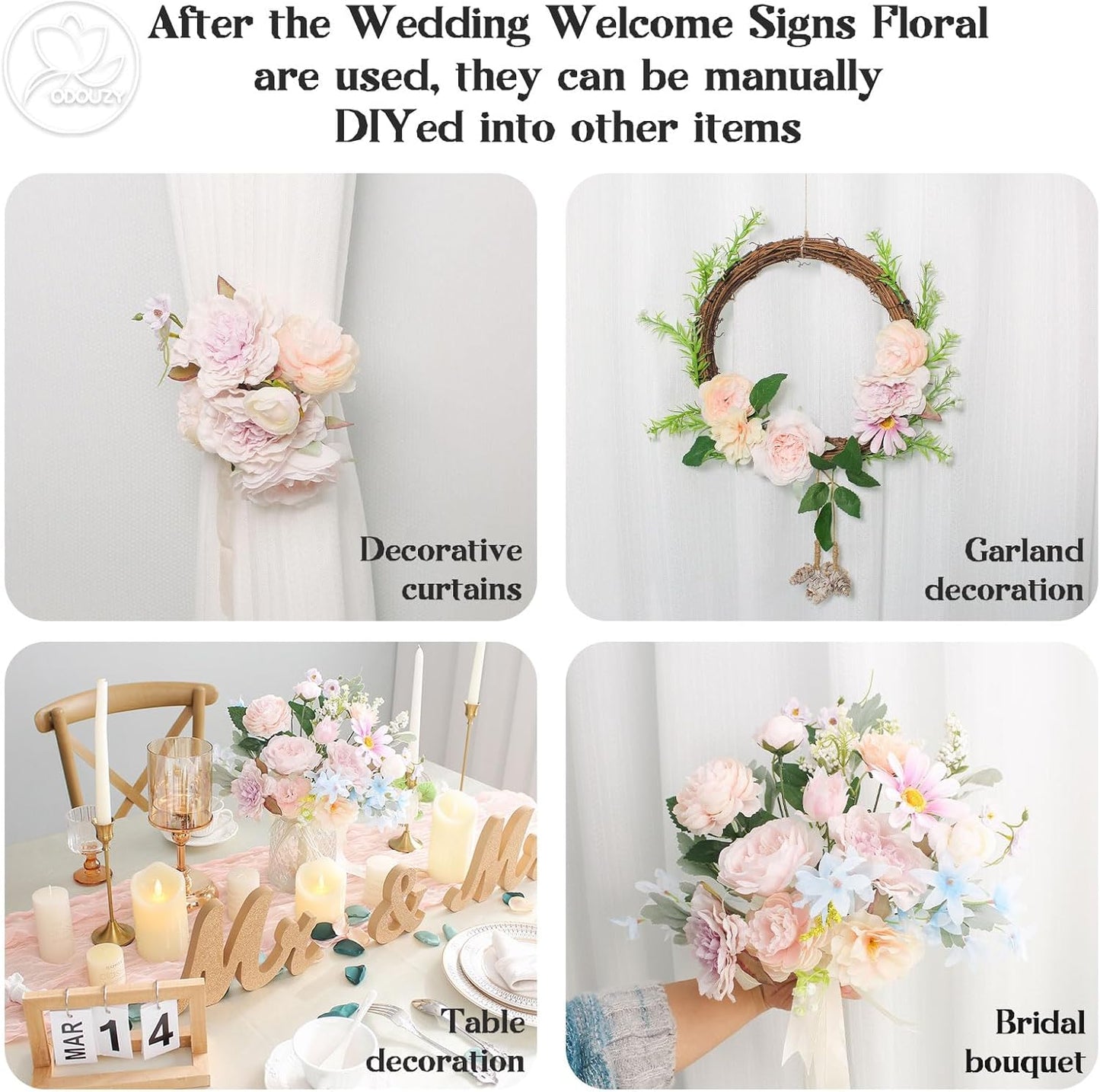 Wedding Arch Flowers Kit,Artificial Flower Arch Decor (Set of 3),2pcs Artificial Flower Arrangement with 1pc Sheer Drape for Wedding Decor Reception Backdrop Floral Decorations (Bluish Pink)