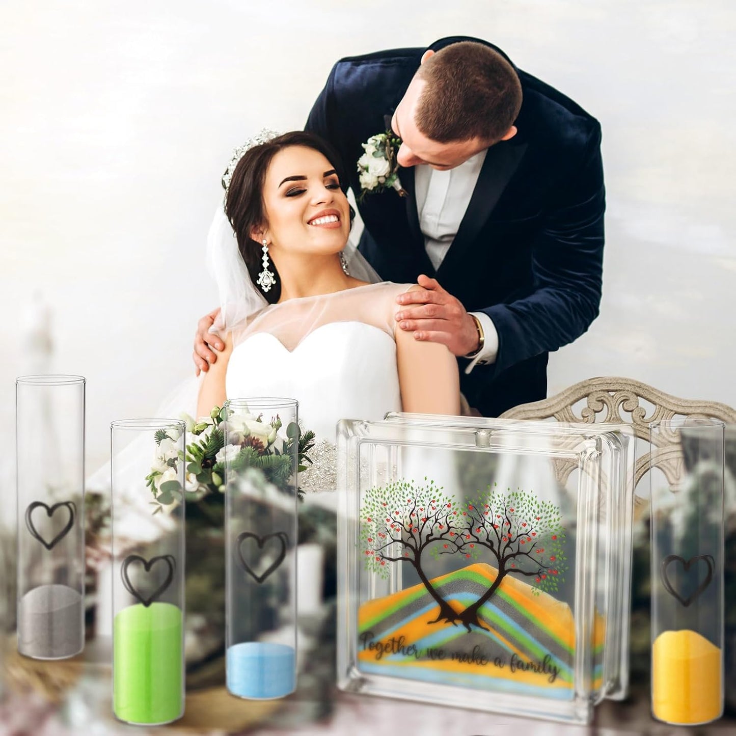 Wedding Unity Sand Set Include Vases Square Glass Jar Container 12 oz Sand for Blended Family Engagement Anniversary Bridal Party Outdoor Beach Decor(Classic Colors,Tree)