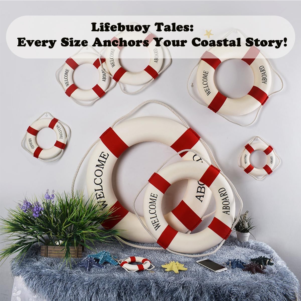 MorroMorn Lifebuoy Wall Hanging Decor - Welcome Aboard Mediterranean Style Home Decoration (Red, 18")