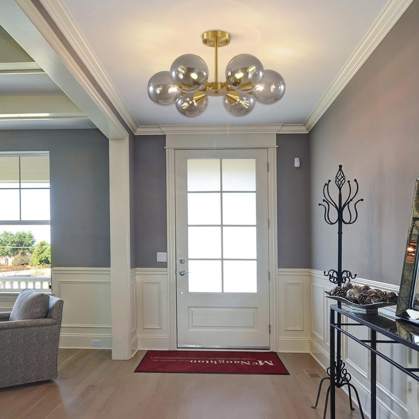 KCO 6-Lights Mid Century Modern Globe Ceiling Light Gold Sputnik Chandelier Smoke Gray Glass, Home Office