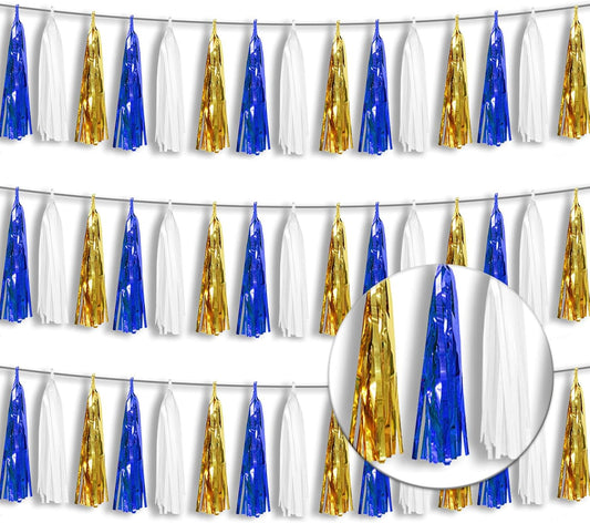 3P Metallic Fringe Tassel Banner Garland Foil Tinsel Streamer Wall Hanging Curtain Backdrop Banners for Parade Floats Birthday Party Graduation Retirement Party Decorations(Navy-Blue White and Gold)