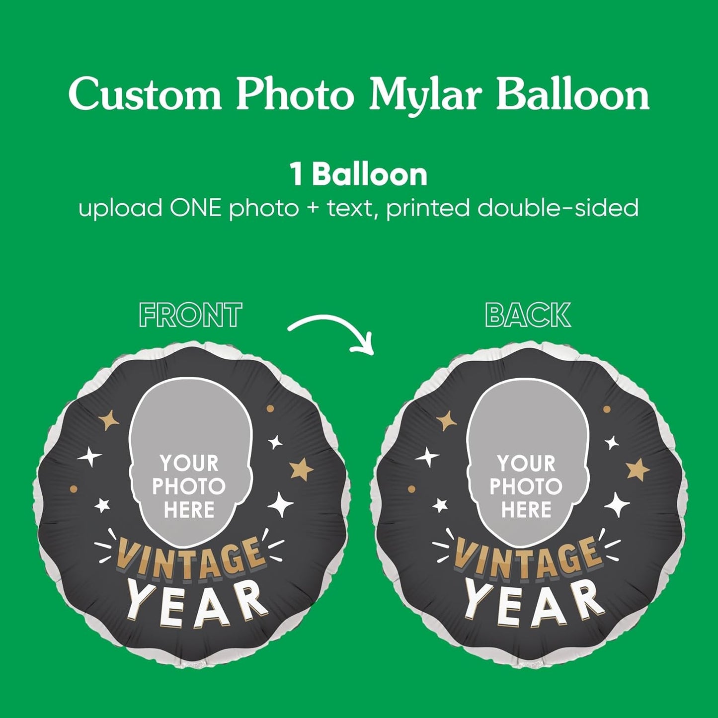 Big Dot of Happiness Personalized Vintage Birthday Photo Balloon, Custom Fun Face Cutout Head, Milestone Birth Year, Black & Gold Party Decoration, Double-Sided Mylar Balloon, 1 Piece