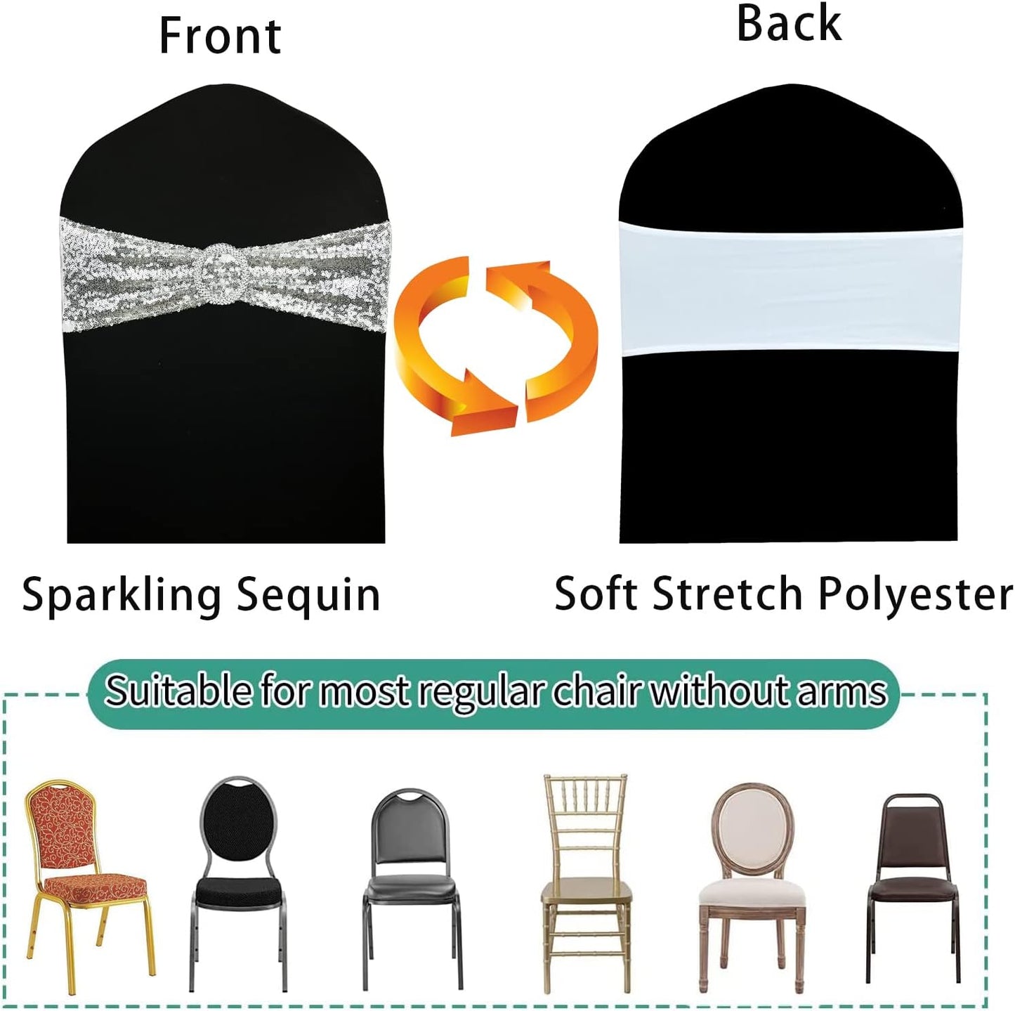 10 Pcs Chair Sashes Sequin Stretch Chair Bands Spandex Polyester Bows for Party Hotel Wedding Banquets Decoration -Silver