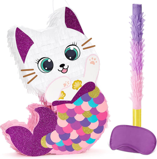 WERNNSAI Cat Piñata - Kitten Mermaid Birthday Party Decorations Kids Mermaid Pinata with Blindfold and Bat for Girls Summer Under the Sea Birthday Party Supplies Game Set